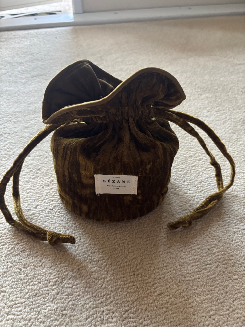Sézane Olive Green Velvet Drawstring Pouch New